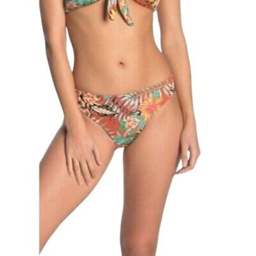 Womens Floral Bikini Bottom XL Rust Orange Tropical Ruched Beach Resort‎ Boho